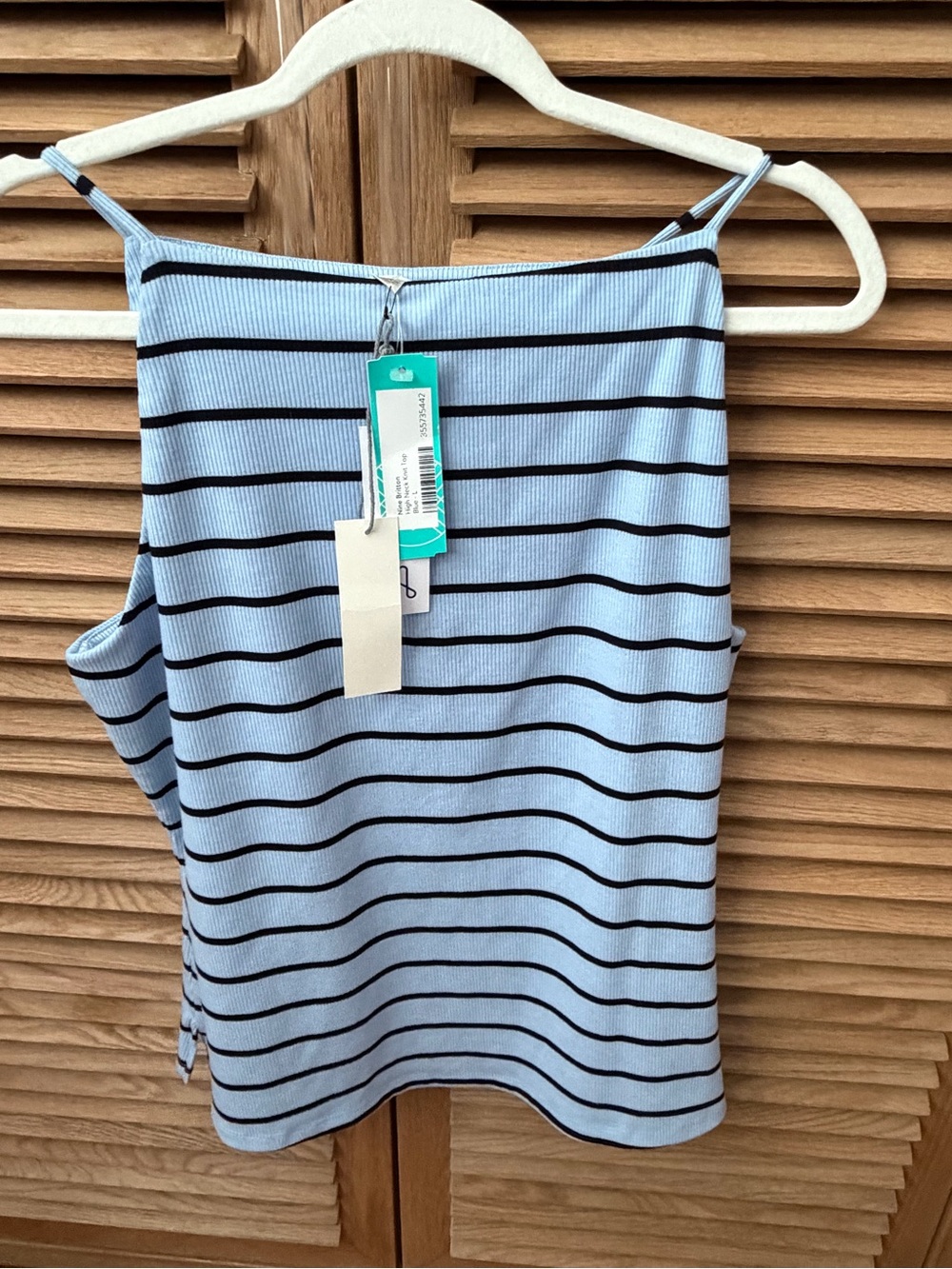 nine britton Light Blue Striped Spaghetti Strap Tank with Black Bands